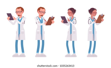 Male and female doctor standing. Man and woman in hospital uniform with clipboard and tablet. Medicine and healthcare concept. Vector flat style cartoon illustration isolated on white background