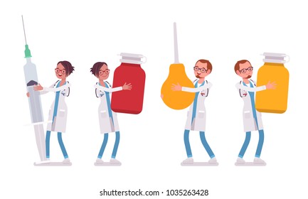 Male and female doctor standing. Man and woman in hospital uniform holding giant things. Medicine and healthcare concept. Vector flat style cartoon illustration isolated on white background