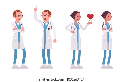 Male and female doctor standing. Man and woman in hospital uniform having different emotions and mood. Medicine, healthcare concept. Vector flat style cartoon illustration isolated on white background