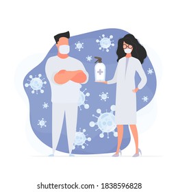 The male and female doctor are surrounded by viral molecules. Medics in medical masks. Spray. Disinfectant in flat style. Vector.