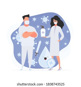 The male and female doctor are surrounded by viral molecules. Medics in medical masks. Spray. Disinfectant in flat style. Vector.