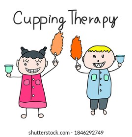 Male and female doctor use fire for fire cupping therapy doodle art style