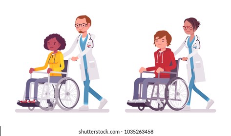 Médico masculino y femenino con pacientes en silla de ruedas. Personas en el hospital que transportan a personas incapaces de caminar. Medicina, concepto de salud. Dibujo de dibujos animados de estilo plano vectorial aislado en fondo blanco