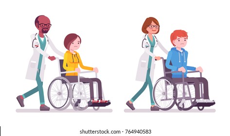 Male and female doctor with wheelchair patient. People in hospital transporting person unable to walk. Medicine, healthcare concept. Vector flat style cartoon illustration isolated on white background