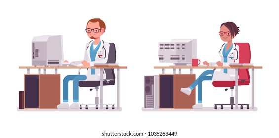 Médico masculino y femenino trabajando en el escritorio con ordenador. Gente con uniforme del hospital. Concepto de medicina y salud. Dibujo de dibujos animados de estilo plano vectorial aislado en fondo blanco