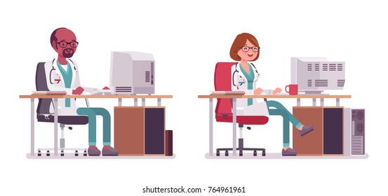 Male and female doctor working at the desk with computer. People in hospital uniform texting. Medicine and healthcare concept. Vector flat style cartoon illustration isolated on white background