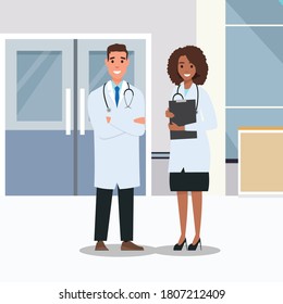 Male and female doctors isolated on background. Man and woman profession characters standing in a hospital room