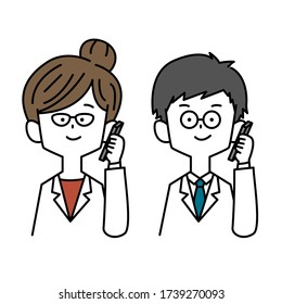 Male and female doctors making phone calls on smartphones