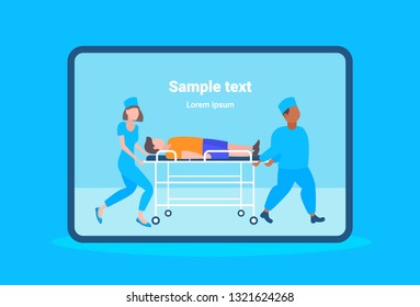 male female doctors moving patient in hospital bed stretcher medical mix race staff in uniform transporting man to operation copy space full length horizontal