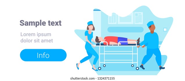 male female doctors moving patient in hospital bed stretcher medical mix race staff in uniform transporting man to operation copy space full length horizontal