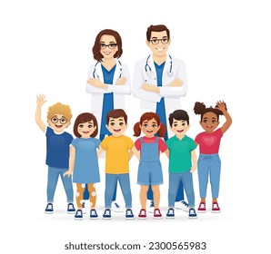 Male and female doctors pediatricians vector illustration standing with group of kids isolated vector illustration