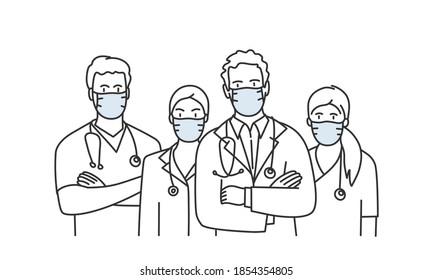 Male and female doctors in protection masks are standing with arms folded. Pandemic concept. Hand drawn vector illustration.