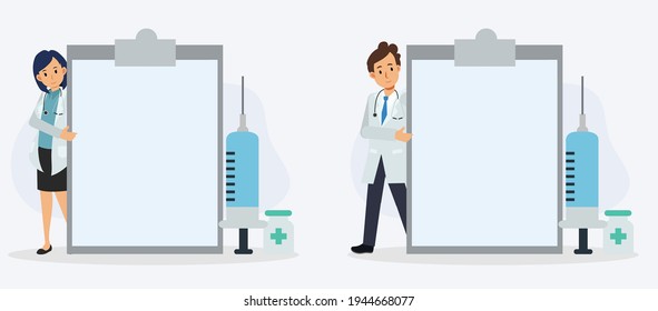 Male and female Doctors showing blank paper on clipboard, Put your text here, syringe and medicine at side. flat vector cartoon character illustration. 