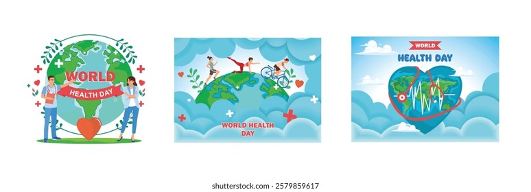 Male and female doctors are standing in front of the earth. People lead a healthy lifestyle. World Health Day, April 7. World Health Day concept. Set flat vector illustration.