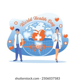 Male and female doctors standing with medical equipment. Celebrating World Health Day. World Health Day concept. Flat vector illustration.