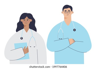 Male and female doctors with stethoscopes standing together. Smiling nurse and doctor isolated on white background. Hospital staff vector illustration in flat style. Cute cartoon characters