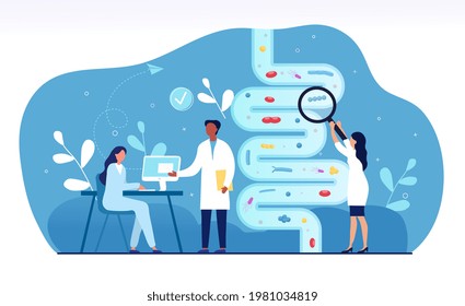 Male And Female Doctors Are Studying Gut Microflora Together. Concept Of Digestive Stomach Living Organisms And Gastrointestinal Microbe Living In Gut. Flat Cartoon Vector Illustration