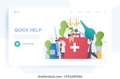 Male and female doctors surrounded with first aid items. Group of doctors are ready for a quick help. Website, web page, landing page template. Flat cartoon vector illustration