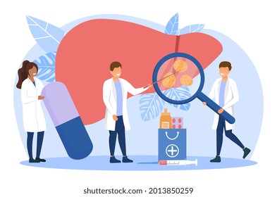 Male And Female Doctors Are Taking Care Of Patient Diseased Liver. Concept Of Medical Diagnosis, Hepatitis, Cirrhosis. Healthcare, Cancer Awareness, Treatment. Flat Cartoon Vector Illustration