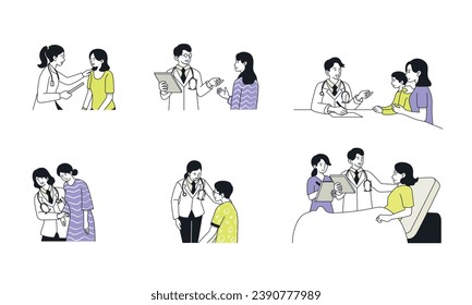 Male and Female Doctors Talking and Comforting Patients While Doing Consultation and Healthcare Treatment Vector Illustration