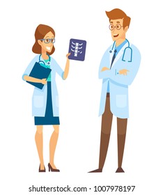 Male and female Doctors  talking to each other. Discussion, exchange of ideas. Medical workers in Hospital isolated on white background. Vector flat cartoon illustration.