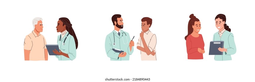 Male and female doctors talking with patients using tablet on consultation. Physicians and people of different race and age. Colored flat vector illustration isolated on white background