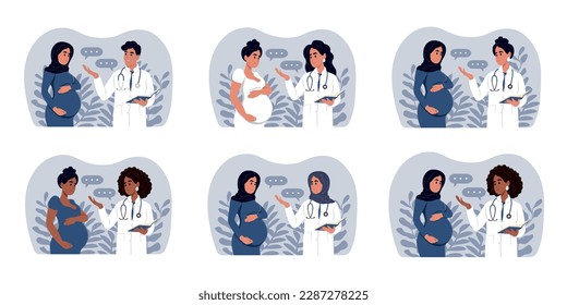 Male and female doctors talking to patients using a tablet during consultation. Doctors and pregnant women of different races and ages.