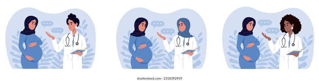 Male and female doctors talking to patients using a tablet during consultation. Doctors and pregnant women of different races and ages.