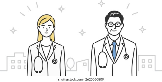 male and female doctors, upper body, front view, vector image