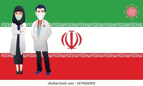 male and female doctors wear medical mask, People who are in anxiety and fear because of the corona virus. Wuhan corona virus illustration. Iran Flag illustration Vector