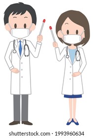 Male and female doctors wearing masks.