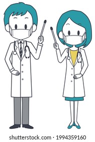 Male and female doctors wearing masks.