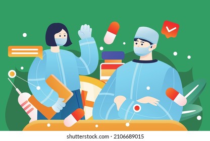 Male and female doctors wearing masks ,  Coronavirus outbreak. Hospital medical staff . Vector flat style