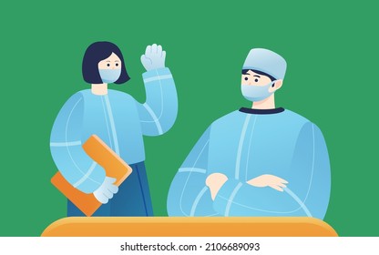 Male and female doctors wearing masks ,  Coronavirus outbreak. Hospital medical staff . Vector flat style