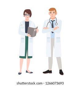 Male and female doctors wearing white coats talking to each other. Conversation or discussion between man and woman medical practitioners or physicians. Flat cartoon colorful vector illustration.