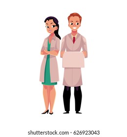 Male and female doctors in white medical coats, woman with folded arms, man holding blank sign, board, cartoon vector illustration isolated on white background. Full length portrait of two doctors