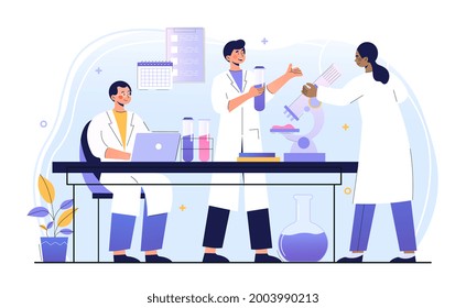 Male and female doctors are working in laboratory together. Concept of hospital, clinic, healthcare, medicine. Smiling me and woman in robes running tests. Flat cartoon vector illustration