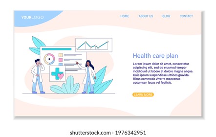 Male and female doctors are working on health care plan together. Doctors standing near infographics and diagrams on screen. Website, web page, landing page template. Flat cartoon vector illustration