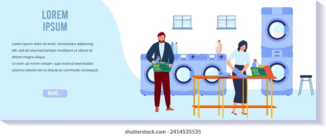 Male and female doing laundry in a laundromat. Man holding basket, woman ironing clothes. Everyday chores and household routine vector illustration.