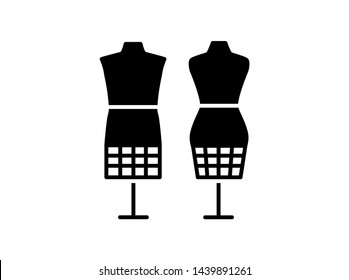 Male & female dressmaking mannequin with bottom cage. Sign of tailor dummy. Display bust, torso. Professional dress form. Flat icon. Black & white vector illustration