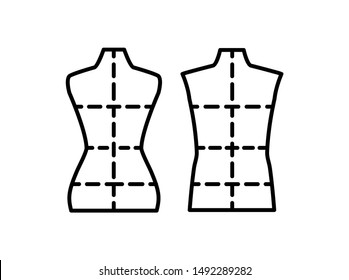 Male & female dressmaking mannequin with sewing markings. Sign of tailor dummy. Display body, torso. Professional dress form. Line icon. Black & white vector illustration