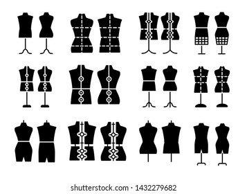 Male & female dressmaking mannequin. Signs of tailor dummy. Display bust, torso. Adjustable dress form. Flat icon set. Black & white vector illustration