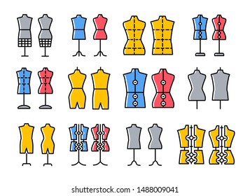 Male & female dressmaking mannequin. Signs of tailor dummy. Display bust, torso. Adjustable dress form. Line flat colorful icon set. Vector illustration