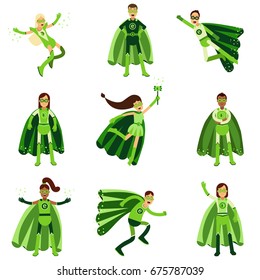 Male and female eco superheroes characters set, young people in different poses with green capes vector Illustrations