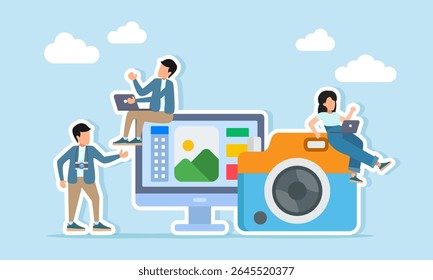 male and female editors working on a laptop for editing near monitor camera and photographer illustration of professional photo editing process