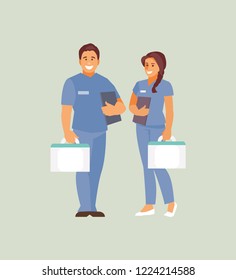 Male and female emergency workers. Vector illustration