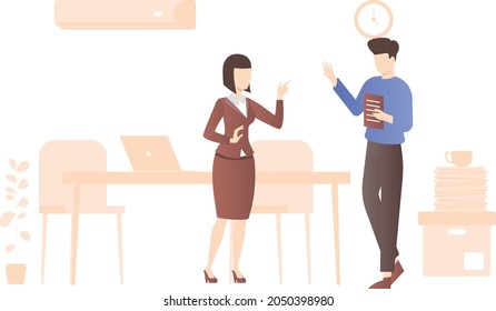 Male and female employee discuss about something.