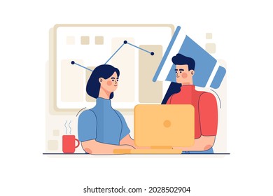 Male And Female Employee Doing Online Marketing Illustration concept. Flat illustration isolated on white background.