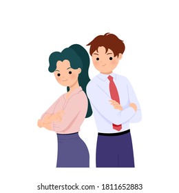 Male and female employee standing back to back looking confident in office attire. Business clip art. Flat vector isolated in white background.