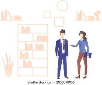 Male and female employee standing near file shelf.